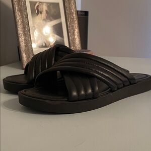 Black Quilted Cross-Strap Slide Sandals